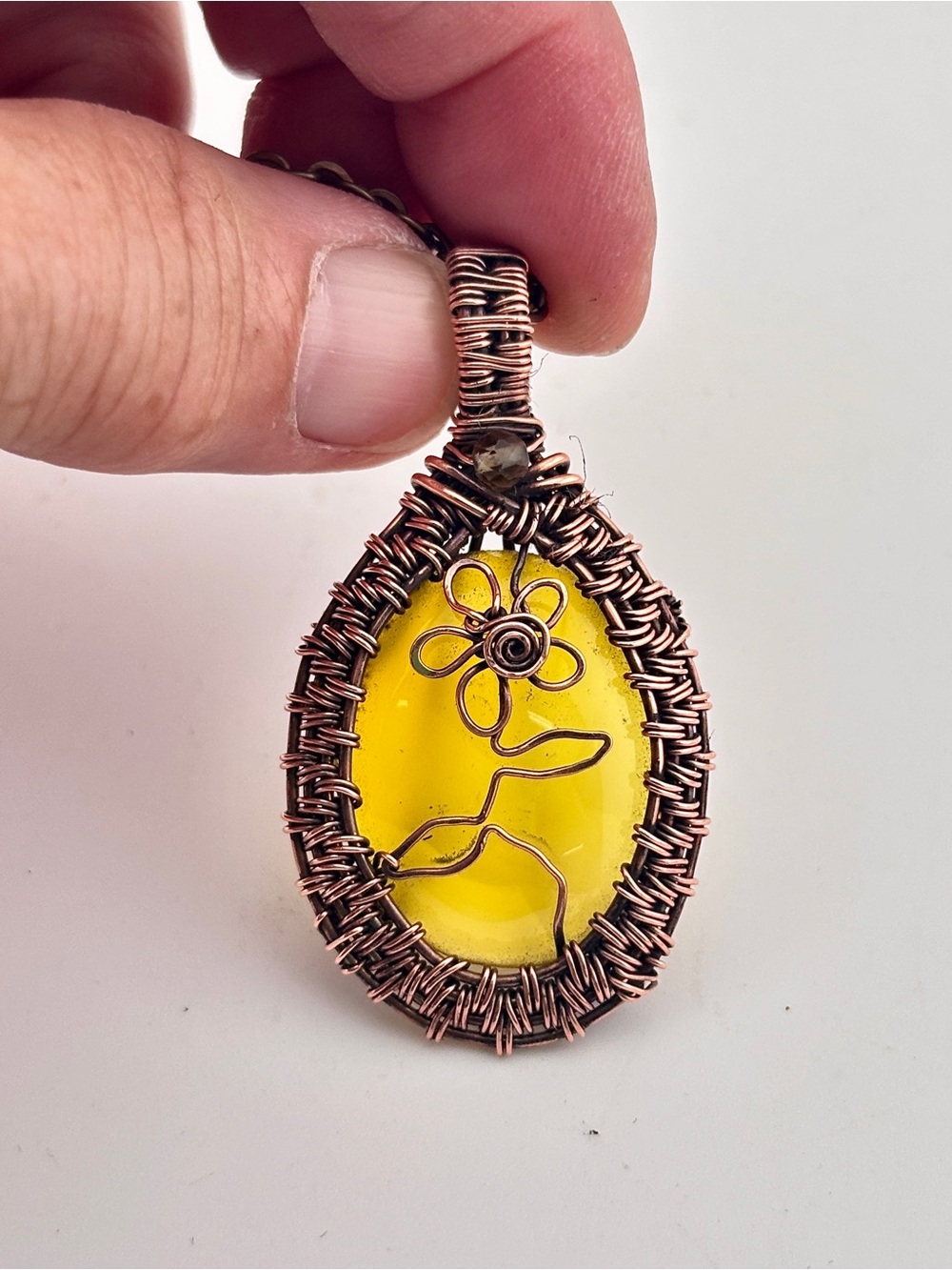 HANDMADE Yellow Onyx Flower Copper Wire Wrap Pendant Necklace, Artisan Jewelry